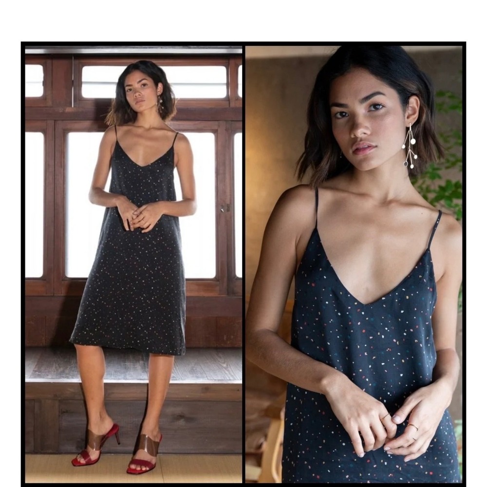 Rails Brianna Black Confetti Silk Slip Dress V-Neck Sleeveless Small